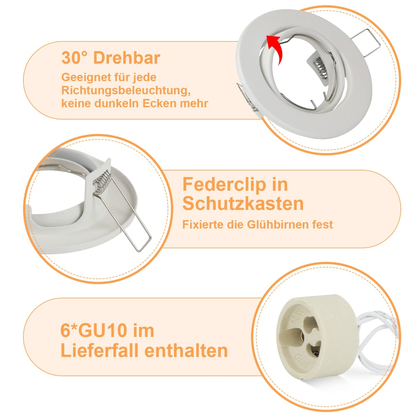 ZMH 6ER Einbaurahmen GU10 Set - Einbaustrahler Rahmen Einbauleuchte Wei? Fassungen 230V mit Sockel Lochdurchmesser 50mm Einbauspots Rund aus Metall Schwenkbar 30¡ã Spot f¨¹r LED Leuchtmittel Halogen