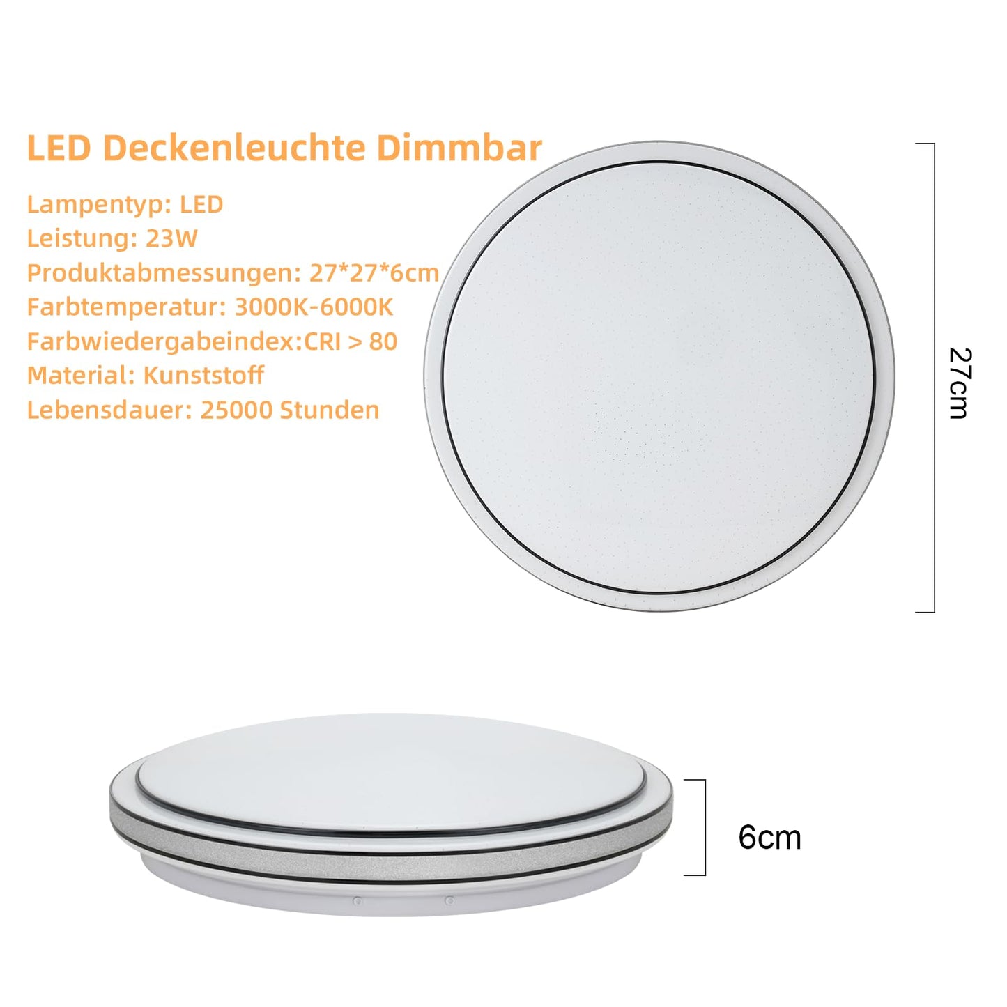 ZMH Deckenlampe LED Deckenleuchte Schlafzimmer - 23W Schlafzimmerlampe Dimmbar mit Fernbedienung ?27cm K¨¹chenlampe Sternenhimmel Modern K¨¹che Deckenbeleuchtung Rund f¨¹r Wohnzimmer Flur
