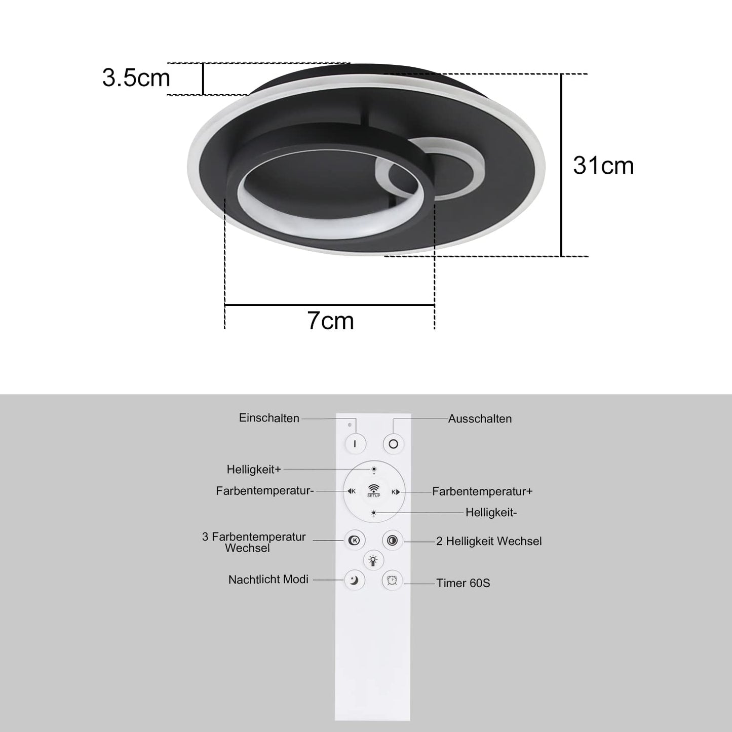 ZMH Led Deckenlampe Wohnzimmer Deckenleuchte Flur - Schwarz 33W Dimmbar Wohnzimmerlampe Modern Schlafzimmerlampe Rund Design Flurlampe mit Fernbedienung Deckenbeleuchtung f¨¹r K¨¹che Esszimmer B¨¹ro