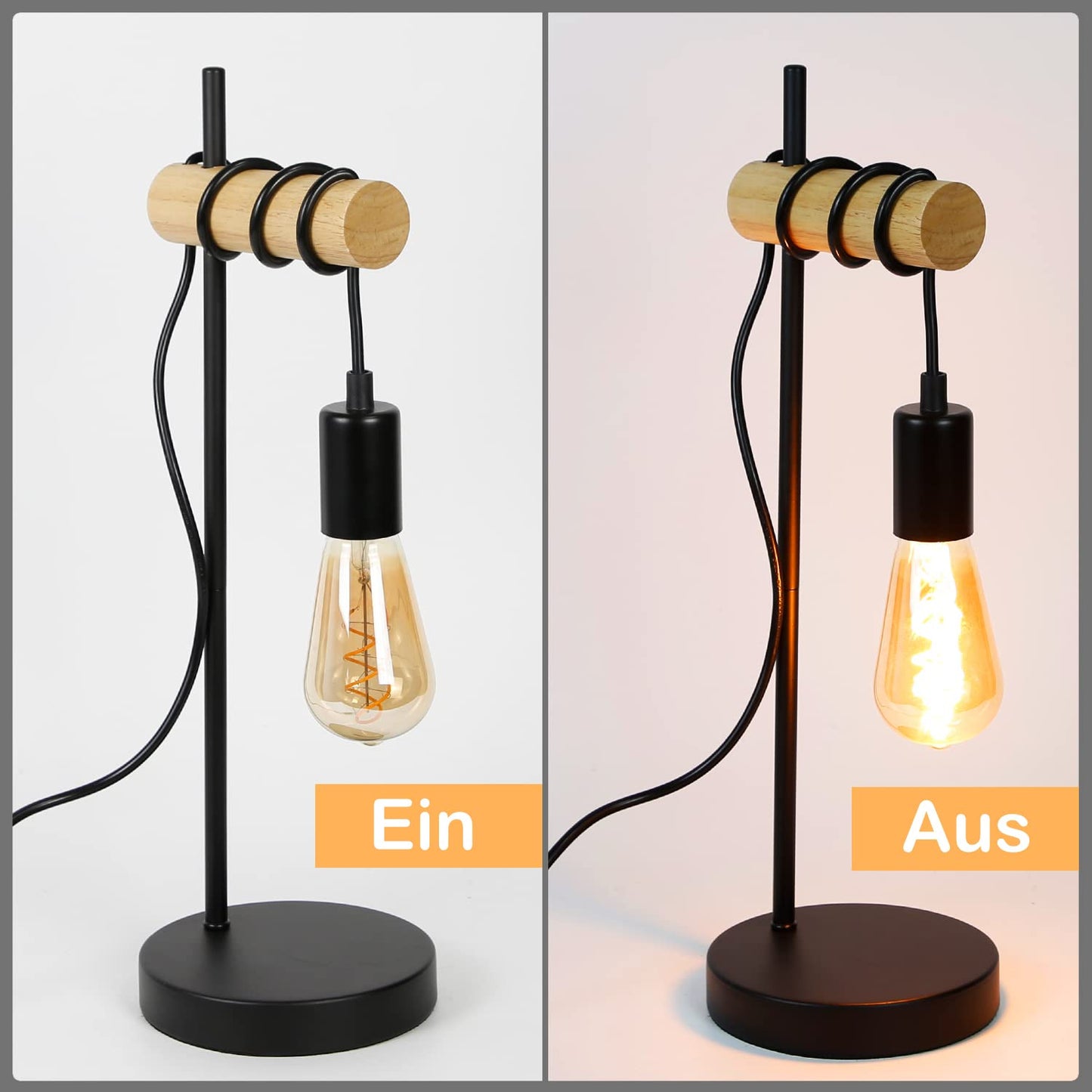 ZMH Tischlampe Holz Nachttischlampe Vintage Tischleuchte Schwarz Retro E27 in Industrial Rustikal Design Nachttischleuchte Kabel mit Schalter f¨¹r Wohnzimmer Schlafzimmer Dekorative Beleuchtung