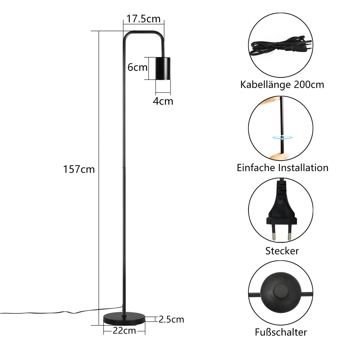 ZMH Stehlampe Wohnzimmer Vintage Stehleuchte Schwarz mit Fu?schalter Industrial Metall E27 Standleuchte Design Wohnzimmerlampe f¨¹r Schlafzimmer B¨¹ro