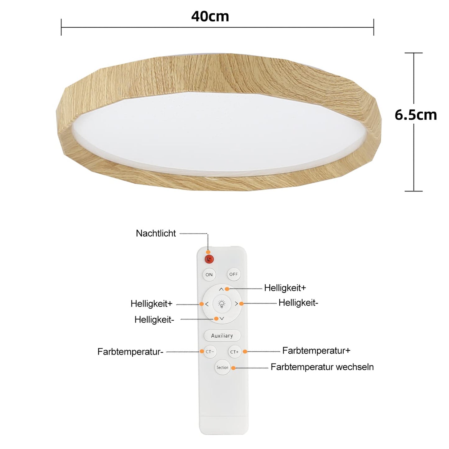 ZMH Deckenlampe LED Deckenleuchte Wohnzimmer - Wohnzimmerlampe Holzoptik ?40cm Schlafzimmer Deckenbeleuchtung 43W Schlafzimmerlampe Dimmbar mit Fernbedienung K¨¹chenlampe Boho Flurlampe f¨¹r K¨¹che Flur
