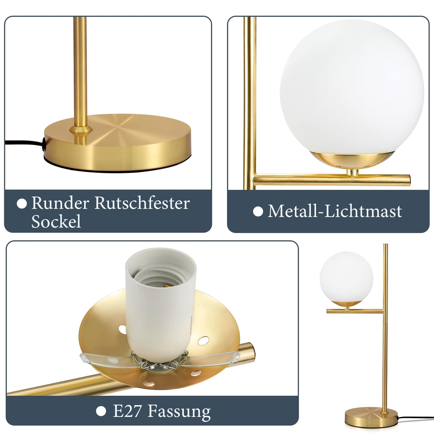 ZMH Tischlampe Wohnzimmer Modern Nachttischlampe - Tischleuchte Gold aus Wei? Glas E27 Fassung Industrial Nachttischleuchte Metall Design nachttischlampe mit Schalter f¨¹r Schlafzimmer B¨¹ro