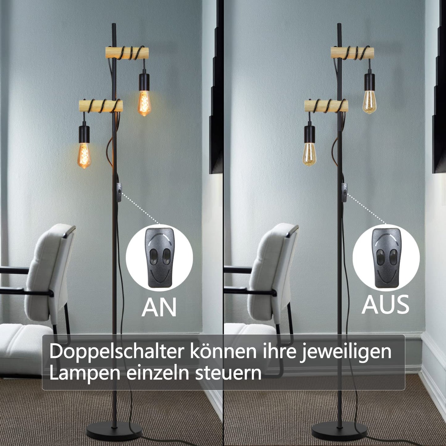 ZMH Stehlampe Wohnzimmer Vintage Stehleuchte Holz - Schwarz Industrial Standleuchte mit E27 2 Flammige Schwenkbar 180¡ã Standlampe mit Schalter f¨¹r Schlafzimmer B¨¹ro Arbeitzimmer - Ohne Leuchtmittel