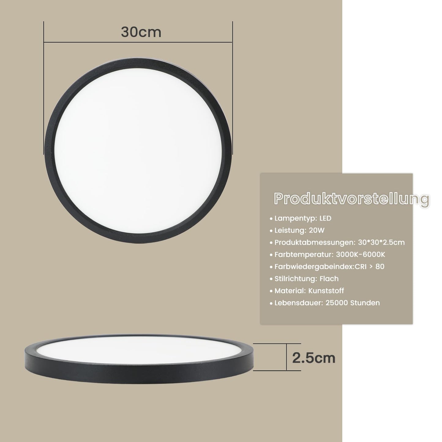 ZMH Deckenlampe LED Deckenleuchte Dimmbar - ?30cm Badlampe Flach Schlafzimmerlampe Schwarz 20W Badezimmer Deckenbeleuchtung Rund mit Fernbedienung IP44 Wasserdicht Flurlampe f¨¹r Schlafzimmer K¨¹che