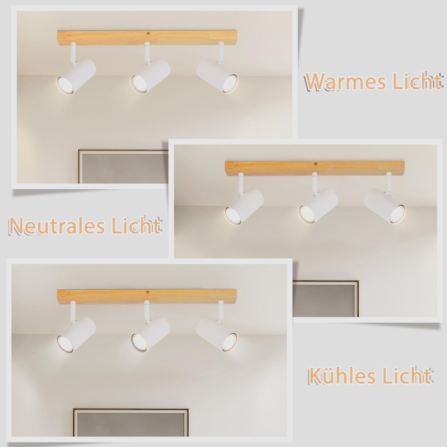 Deckenleuchte Holz Deckenstrahler 3 Flammig - Vintage Deckenlampe GU10 Deckenspots Modern Wei? Schwenkbar 350¡ã Flurlampe f¨¹r Schlafzimmer Wohnzimmer Arbeitszimmer Esszimmer K¨¹che