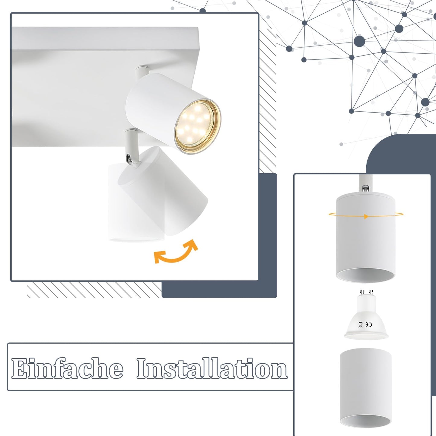 ZMH LED Deckenleuchte 4 Flammig: GU10 Deckenstrahler Wei? Deckenlampe Spots 330¡ãSchwenkbar Deckenspots Industrial Wandstrahler Modern Flurlampe f¨¹r Wohnzimmer Schlafzimmer K¨¹che Ohne Leuchtmittel
