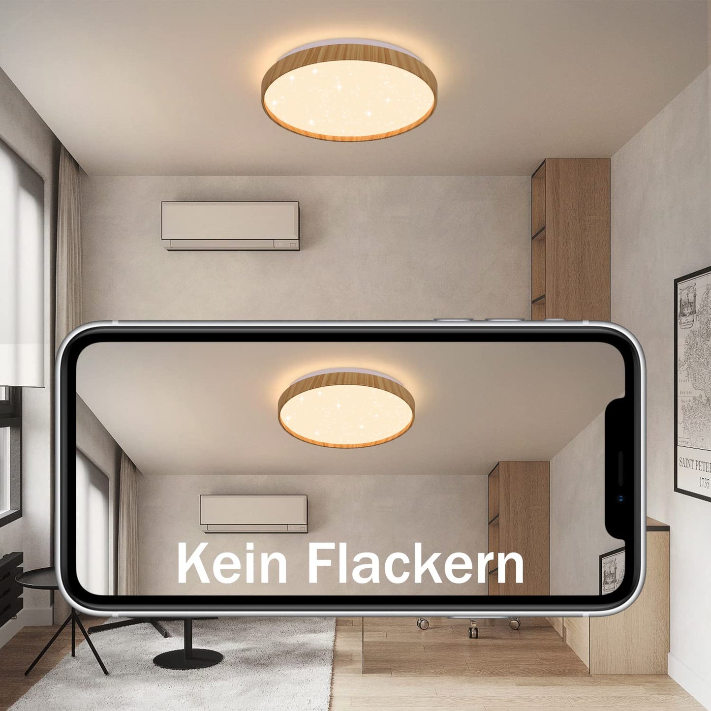 ZMH LED Deckenleuchte Dimmbar Deckenlampe Schlafzimmer - Wohnzimmer Sternenhimmel Rund 40CM Wohnzimmerlampe mit Fernbedienung Schlafzimmerlampe Modern mit Holzoptik f¨¹r Kinderzimmer K¨¹che Flur Treppen