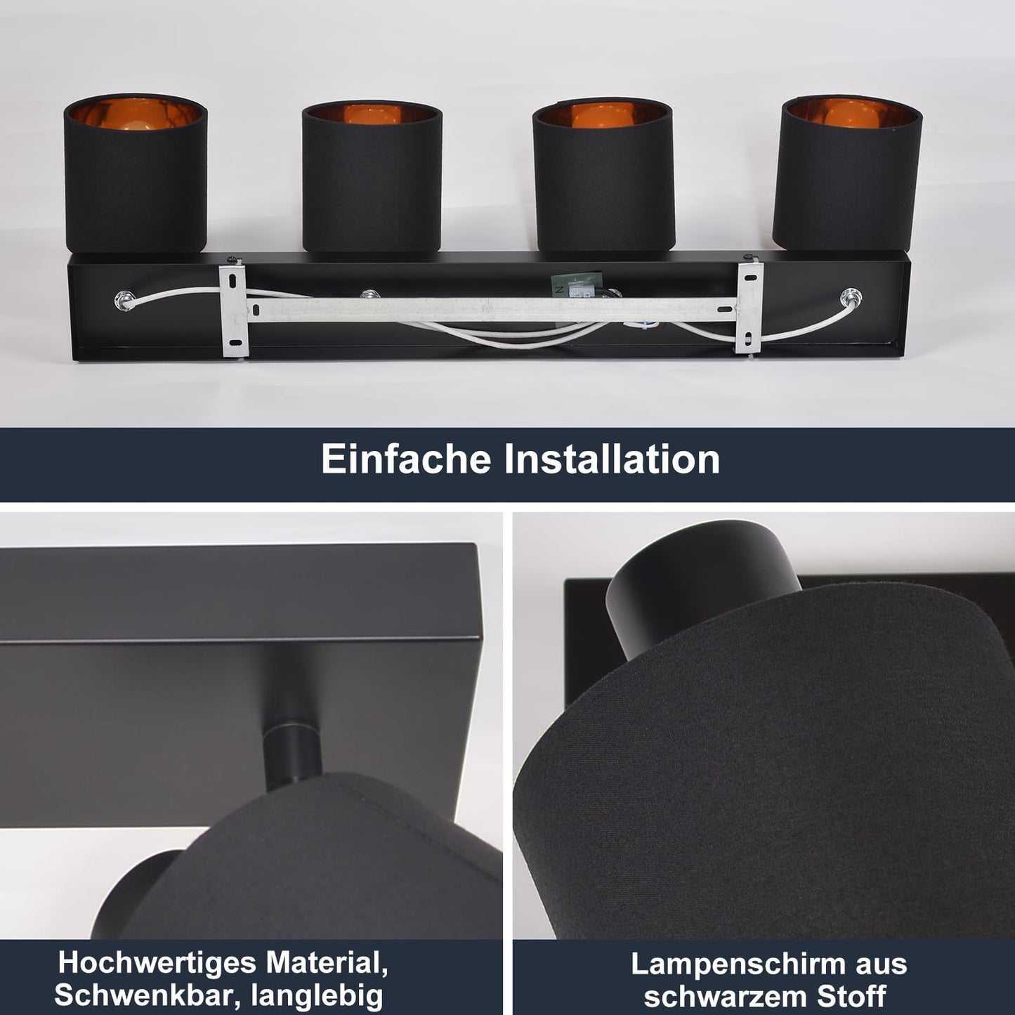 ZMH Deckenlampe 4 Flammig Deckenstrahler Schwarz - Deckenleuchte Wohnzimmer Vintage Wohnzimmerlampe E14 Schwenkbar 350¡ã MAX.25W Stoffschrim f¨¹r Schlafzimmer Flur(ohne Leuchtmittel)