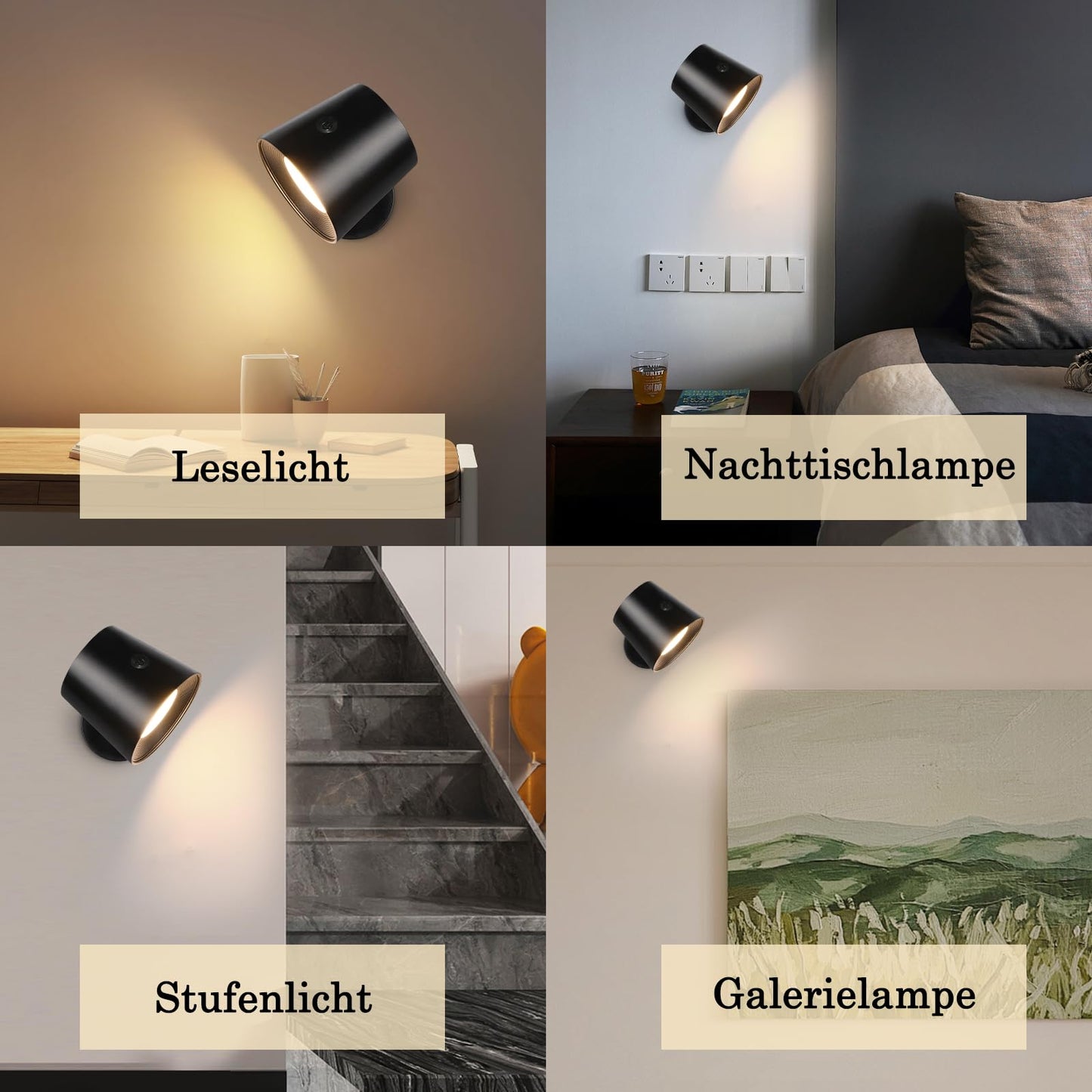 ZMH Wandlampe LED Wandleuchte Innen - Wandbeleuchtung 2 St¨¹ck mit Akku 360¡ã Drehbare Touch Control 3 Helligkeitsstufen Schwarz Kabellose Wandleuchten F¨¹r Wohnzimmer Kinder Schlafzimmer