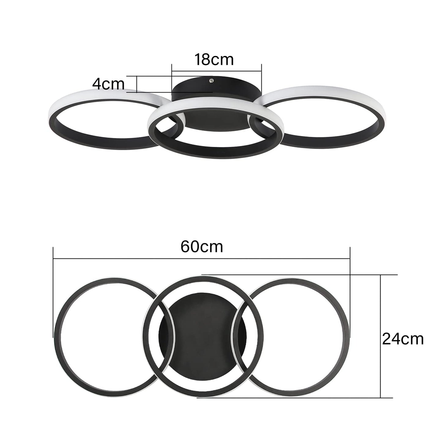 ZMH Deckenlampe Schwarz LED Deckenleuchte Wohnzimmer - Deckenlampe Flur Modern Design mit 3 Metall Ringe 3000K Warmwei?e K¨¹chenlampe - 36W Schlafzimmerlampe Wohnzimmerlampe