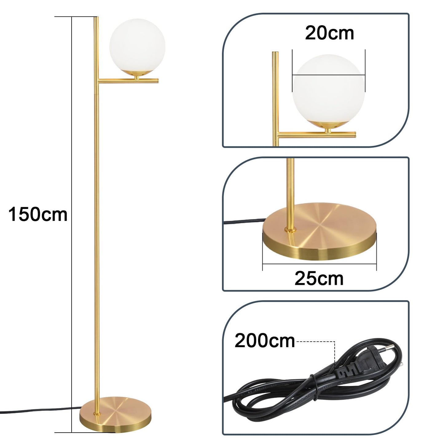 ZMH Stehlampe Wohnzimmer Modern Standleuchte - Gold Industrial Stehleuchte mit Fu?schalter Metall Design aus Wei? Glas Standlampe E27 Vintage Bodenlampe Kabel 2M f¨¹r Schlafzimmer B¨¹ro kinderzimmer