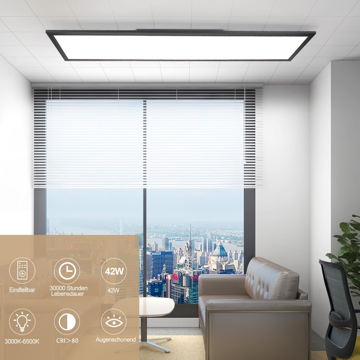 ZMH LED Panel Schwarz Deckenleuchte Dimmbar - Flach Deckenlampe B¨¹ro mit Fernbedienung Modern Wohnzimmerlampe 100x25CM K¨¹chenlampe 42W Deckenpanel Schwarz B¨¹roleuchte f¨¹r Schlafzimmer K¨¹che Flur