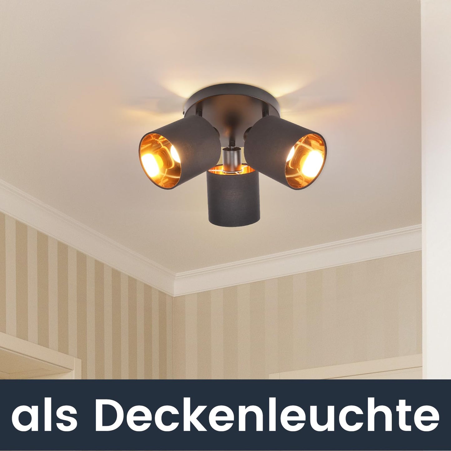 ZMH Deckenleuchte 3 Flammig Deckenstrahler Schwarz - Deckenlampe Vintage Deckenspot E14 Schwenkbar 350¡ã MAX.25W Stoffschrim Modern f¨¹r Wohnzimmer Schlafzimmer K¨¹che Flur (ohne Leuchtmittel)