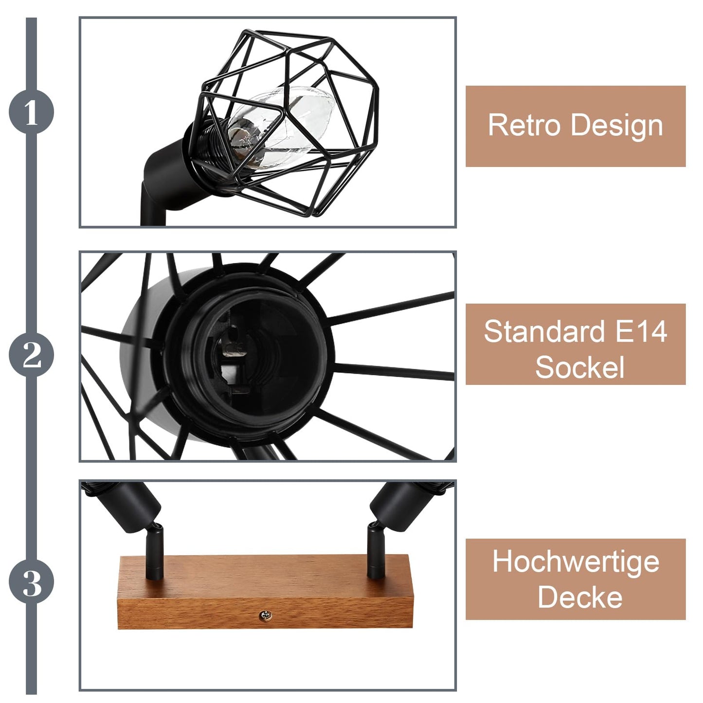 ZMH Deckenstrahler 2 Flammig Schwarz Vintage - Holz Denckenspots E14 Metall Deckenlampe Schwenkbar 350¡ã Deckenleuchte f¨¹r K¨¹che Wohnzimmer Schlafzimmer Esszimmer MAX.25W Ohne Leuchtmittel