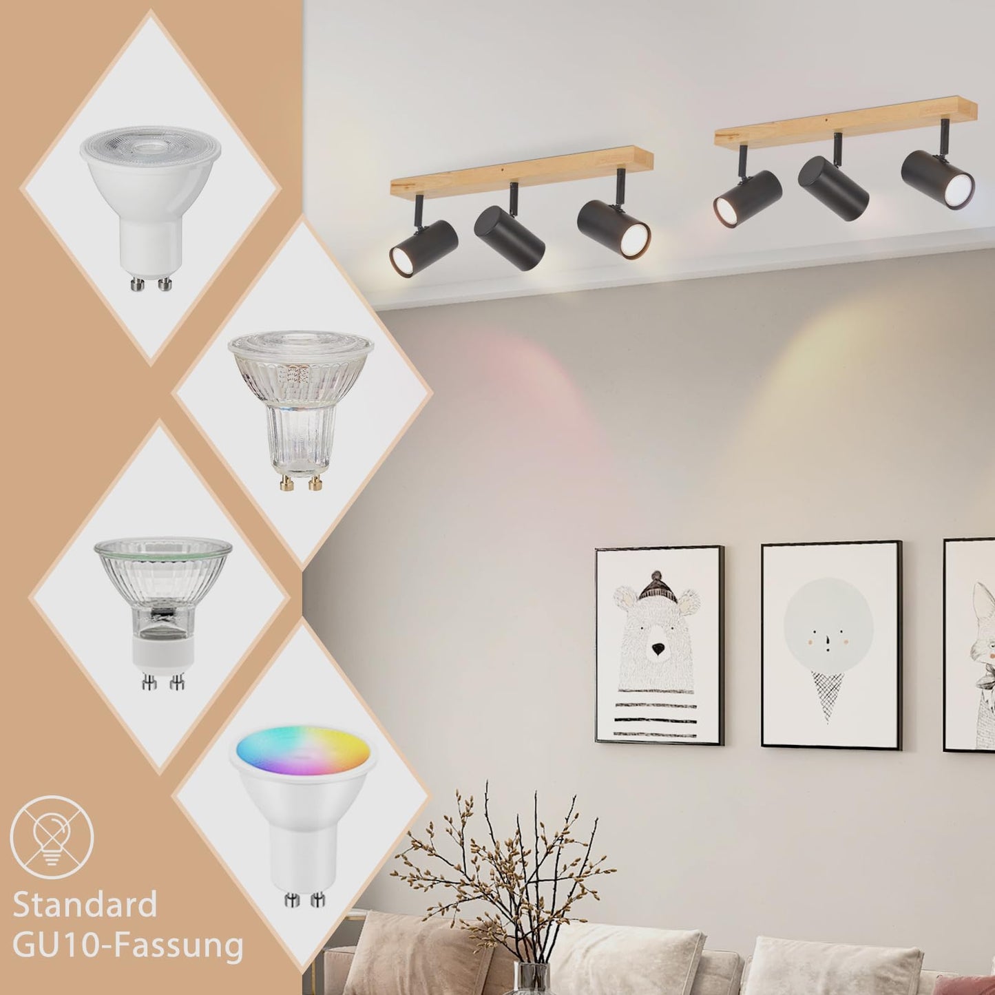 Deckenstrahler Schwarz 3 Flammig Flurlampe - Holz Deckenspots GU10 Vintage Retro Metall Deckenlampe Verstellbare 350¡ã f¨¹r Flur Schlafzimmer Wohnzimmer Arbeitszimmer Keine Leuchtmittel