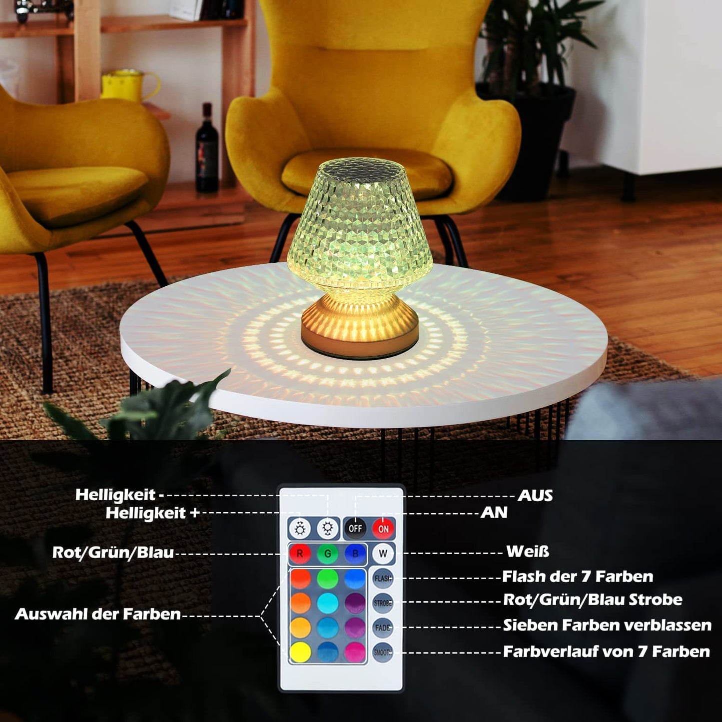 ZMH Tischlampe Kabellos LED Nachttischlampe touch - Kristall Lampe akku Tischleuchte dimmbar 16 Farben Nachttischleuchte batteriebetrieben mit Fernbedienung f¨¹r Wohnzimmer Valentinstag Deko 1 St¨¹ck