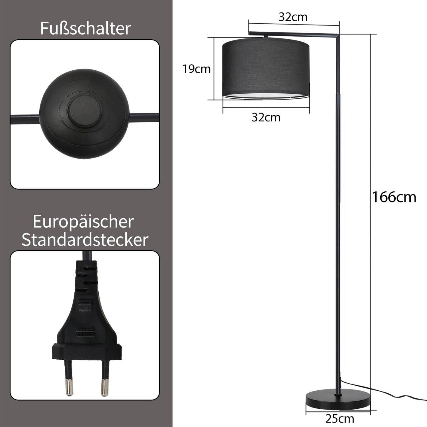 ZMH Stehlampe Wohnzimmer Schwarz Stehleuchte: Modern Standleuchte Stoff Design Deko Bogenlampe E27 Fassung Leselampe Max. 40W Wohnzimmerlampe mit Fu?schalter Bettlampe 166cm Ohne Leuchtmittel