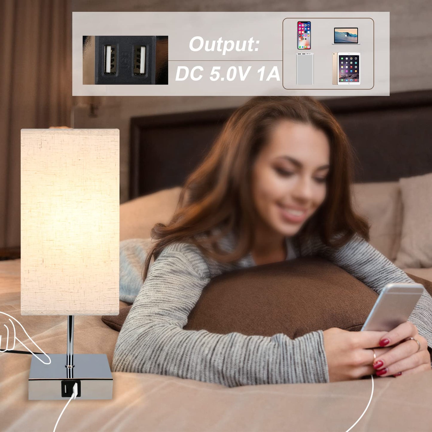ZMH Tischlampe Schlafzimmer Nachttischlampe Dimmbar - Touch Nachtlicht Warmwei? E27 mit USB Ladefunktion Stoff Lampenschirm f¨¹r Deko, Nachttisch, Geschenk,Esszimmer, Wohnzimmer