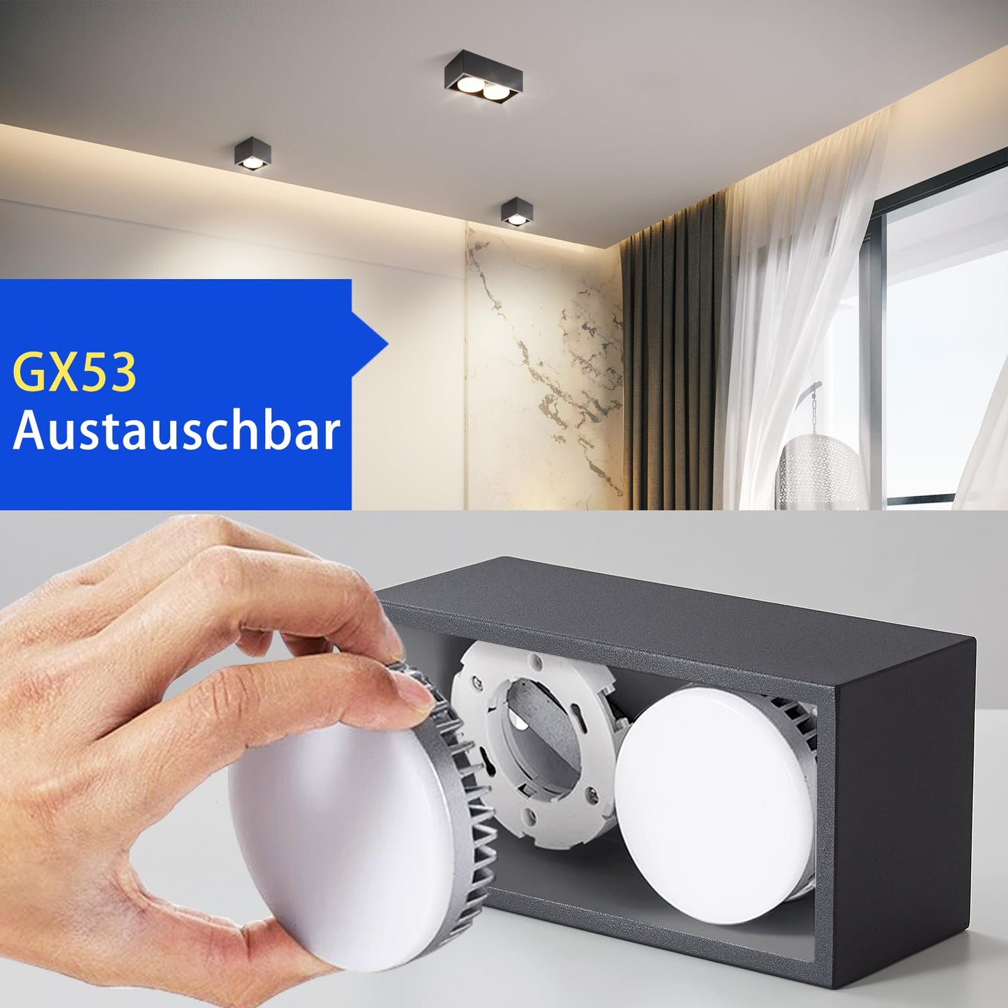 ZMH Deckenspots LED Aufbauspot - Schwarz Aufbaustrahler mit 2 Flammig Schwenkbar Deckenstrahler Warmwei? Aufbauleuchte Modern 2x5W GX53 Eckig Flach f¨¹r K¨¹che Wohnzimmer Esszimmer Korridor Flur