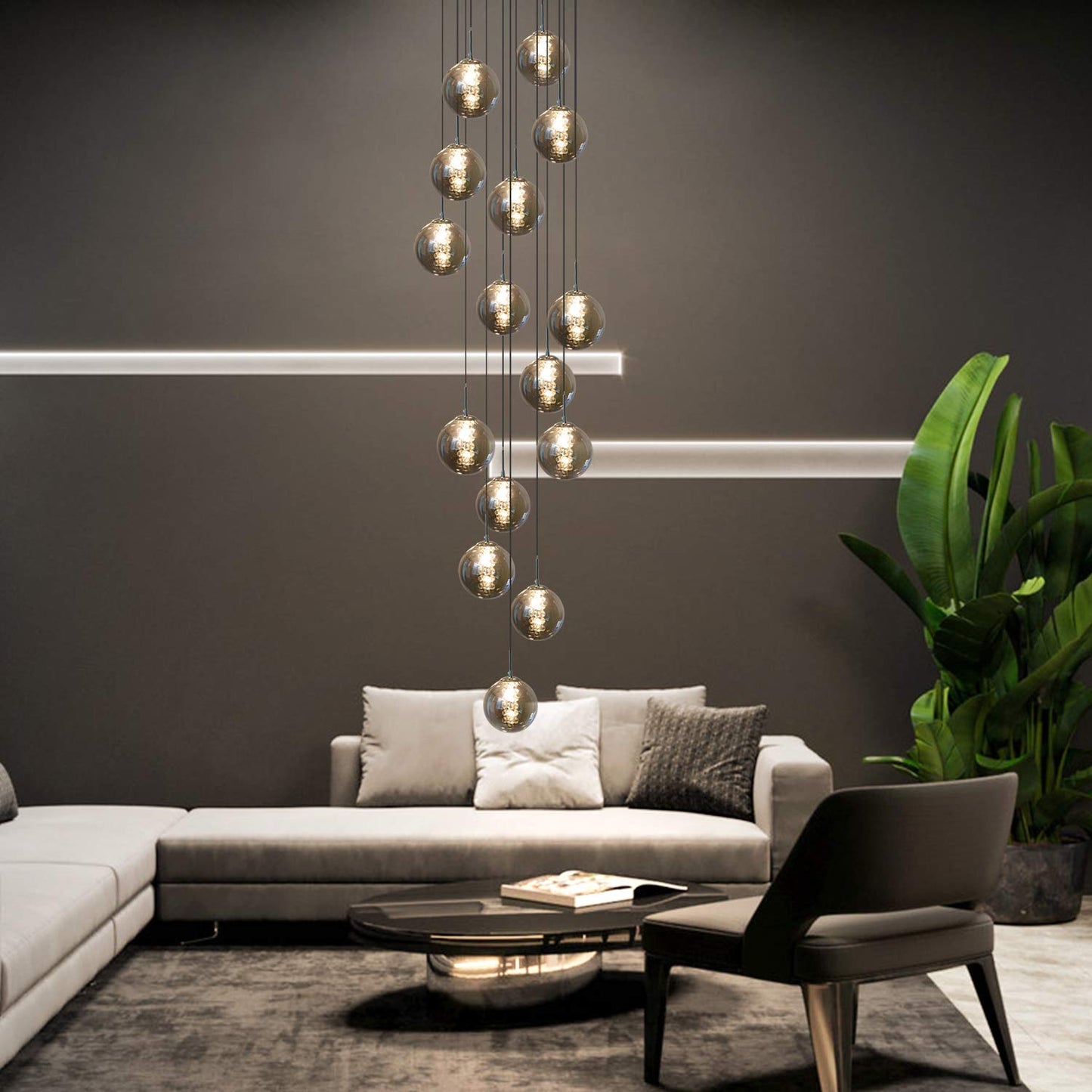 ZMH Pendelleuchte esstisch Pendellampe H?heverstellbar Kronleuchter H?ngeleuchte 15-Flammig aus Glas K¨¹chen Wohnzimmerlampe Schlafzimmerlampe Flurlampe (Rauchgrau, 15-flammig)