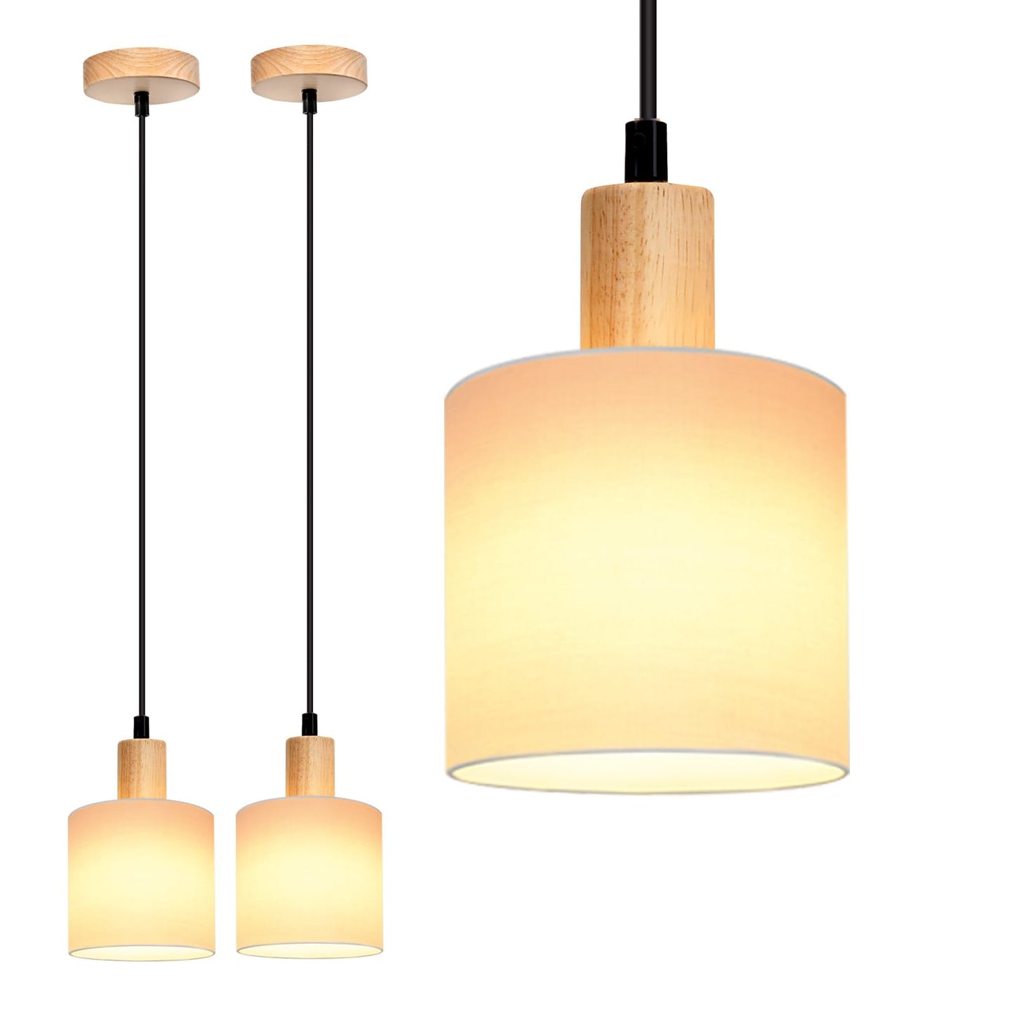 ZMH Pendelleuchte 1 Flammig 2ER Esstischlampe - Holz Stoffschrim H?ngeleuchte E14 Esszimmerlampe Vintage H?ngelampe K¨¹che Pendellampe Flurlampe f¨¹r Wohnzimmer Restaurant Schlafzimmer Flur