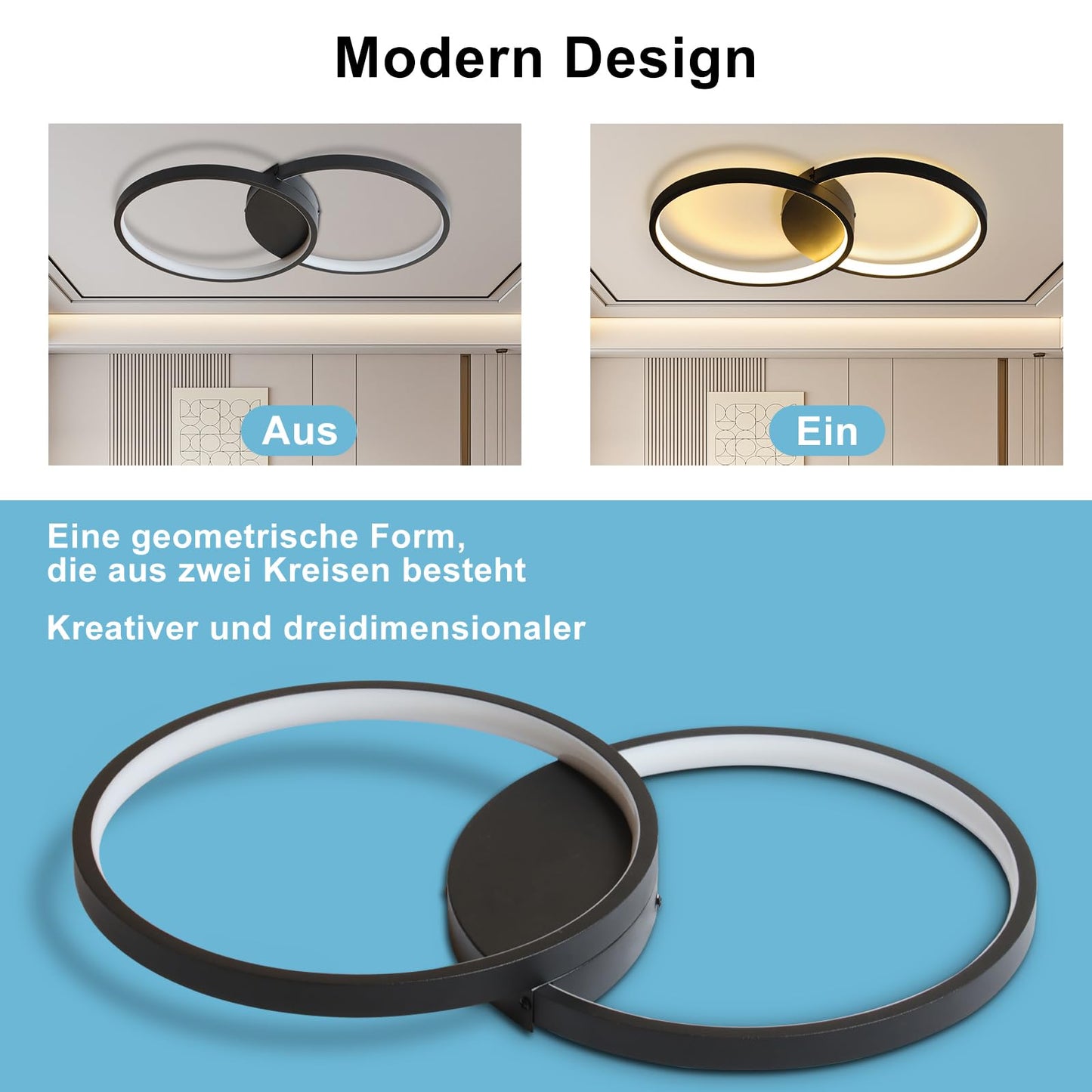 ZMH LED Deckenleuchte Wohnzimmer Deckenlampe - Schwarz 50CM Modern Wohnzimmerlampe 45W Dimmbar mit Fernbedienung Schlafzimmerlampe Metall Design k¨¹chenlampe f¨¹r Schlafzimmer Kinderzimmer