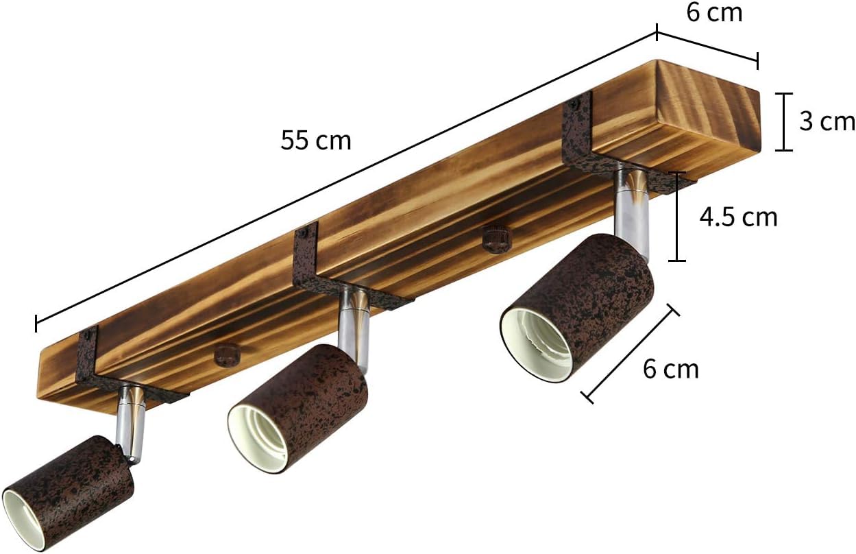 ZMH Vintage Deckenleuchte Holz Deckenspots Retro Deckenstrahler 55CM mit verstellbaren Strahlern, 3xE27 Warmwei?, Schwenkbar Deckenlampe f¨¹r Flur K¨¹che Esszimmer Wohnzimmer Bar, 3x E27 4W 2200K