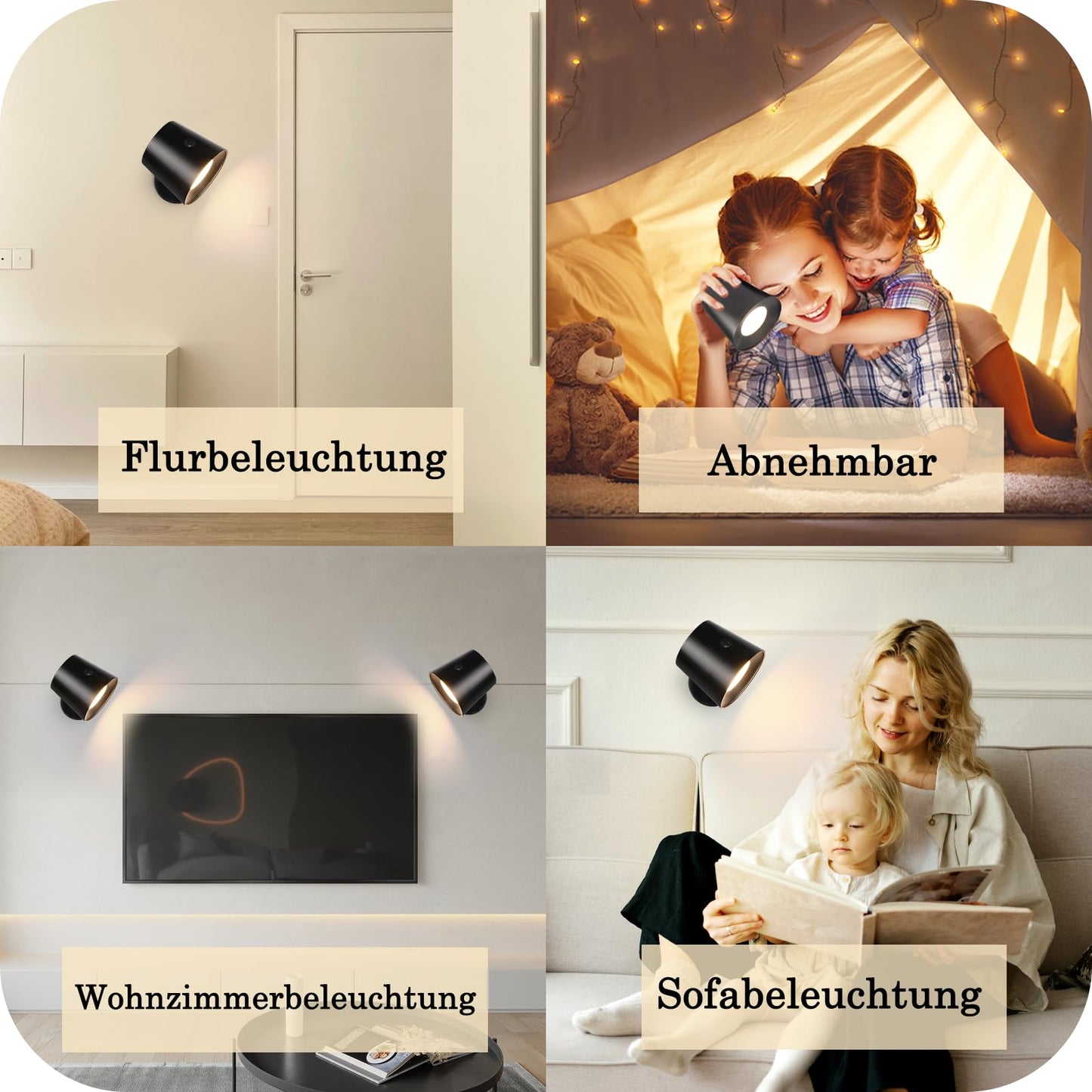 ZMH Wandlampe LED Wandleuchte Innen - Wandbeleuchtung 2 St¨¹ck mit Akku 360¡ã Drehbare Touch Control 3 Helligkeitsstufen Schwarz Kabellose Wandleuchten F¨¹r Wohnzimmer Kinder Schlafzimmer