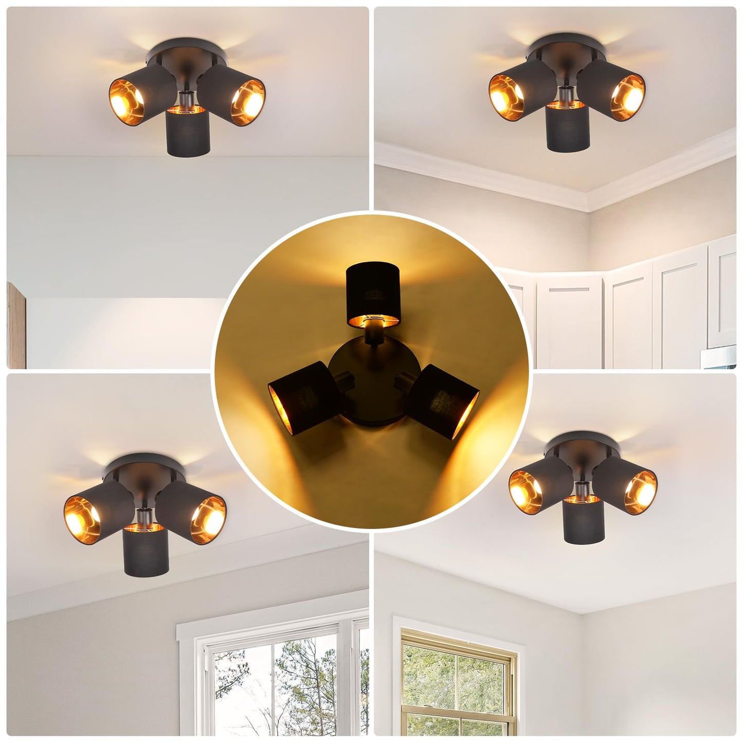 ZMH Deckenleuchte 3 Flammig Deckenstrahler Schwarz - Deckenlampe Vintage Deckenspot E14 Schwenkbar 350¡ã MAX.25W Stoffschrim Modern f¨¹r Wohnzimmer Schlafzimmer K¨¹che Flur (ohne Leuchtmittel)