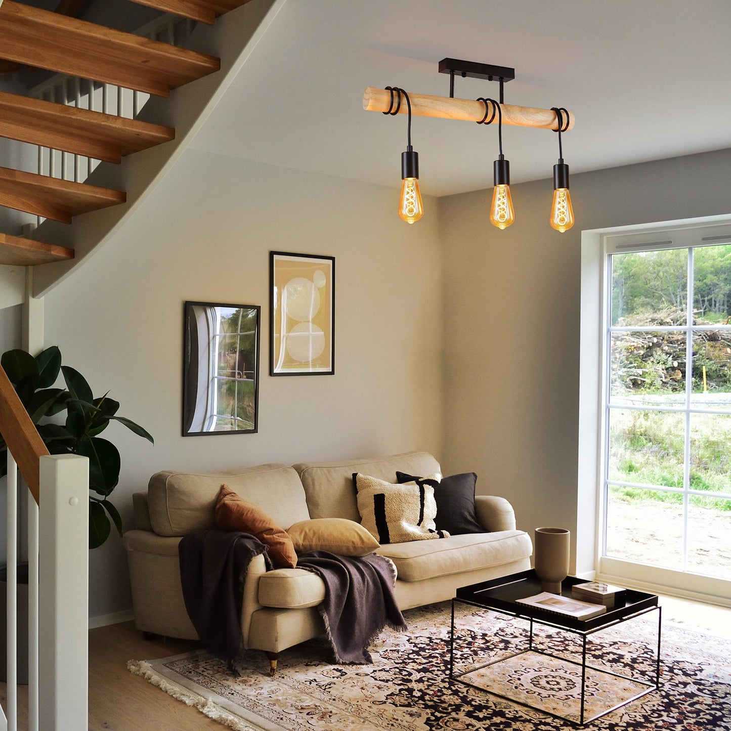 ZMH Vintage Deckenleuchte Retro Deckenlampe Holz - E27 Wohnzimmerlampe H?ngend Schwarz mit 3 Flammig im Industrial Design aus Metall f¨¹r Wohnzimmer Schlafzimmer K¨¹che Flur - Ohne Leuchtmittel
