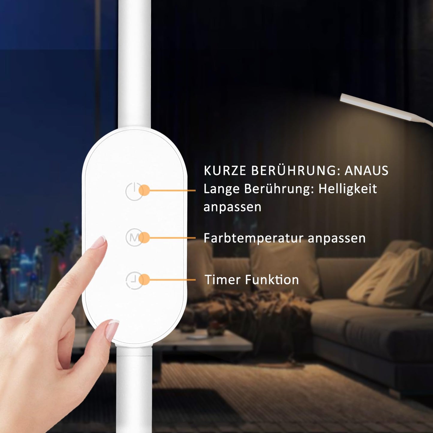 ZMH LED Stehlampe Standleuchte Dimmbar - Stehleuchte Leselampe B¨¹ro Standlampe Schlafzimmer Schwarz 178CM Modern Touch 9W Lesestehlampe mit Timer und Memory Funktion f¨¹r Wohnzimmer