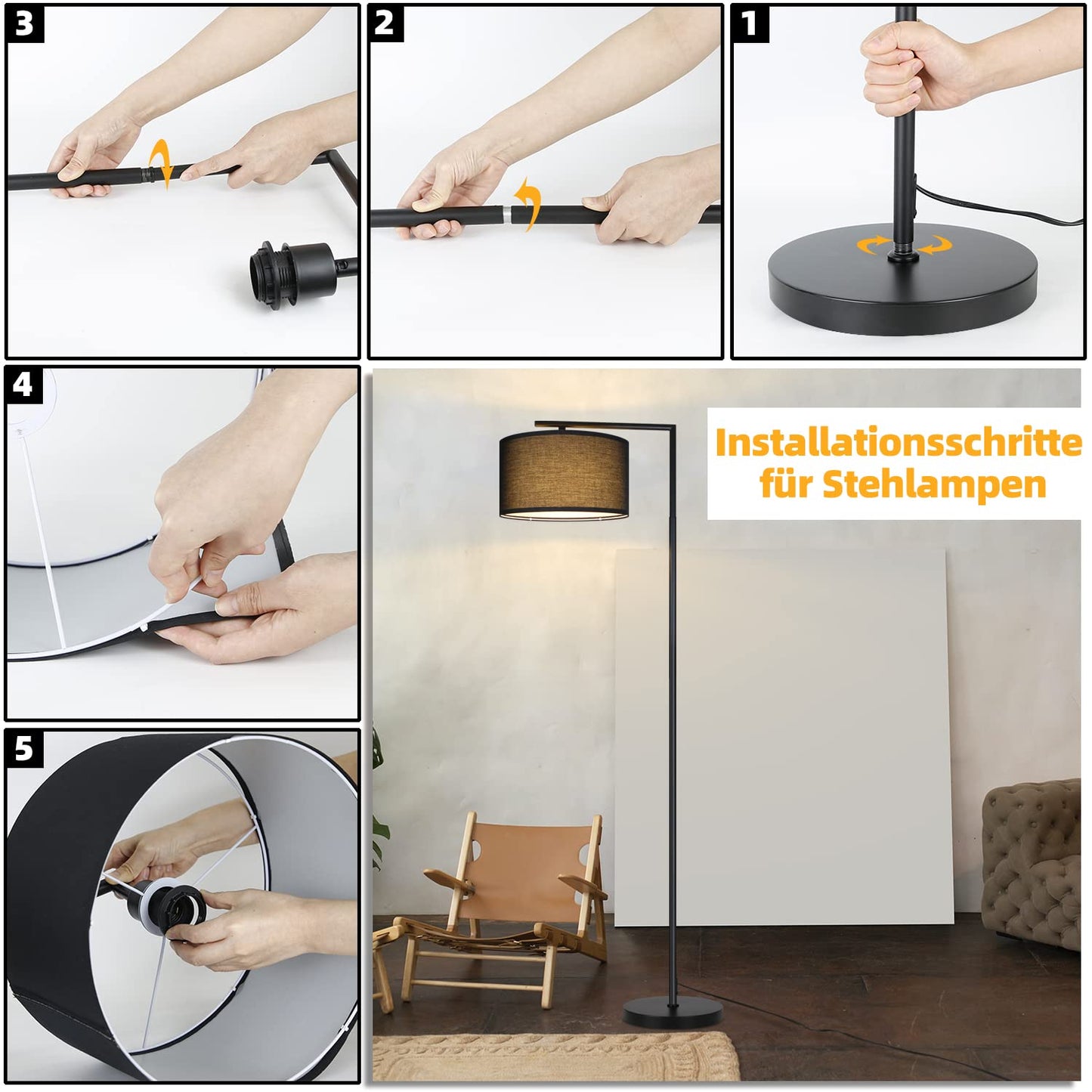 ZMH Stehlampe Wohnzimmer Schwarz Stehleuchte: Modern Standleuchte Stoff Design Deko Bogenlampe E27 Fassung Leselampe Max. 40W Wohnzimmerlampe mit Fu?schalter Bettlampe 166cm Ohne Leuchtmittel