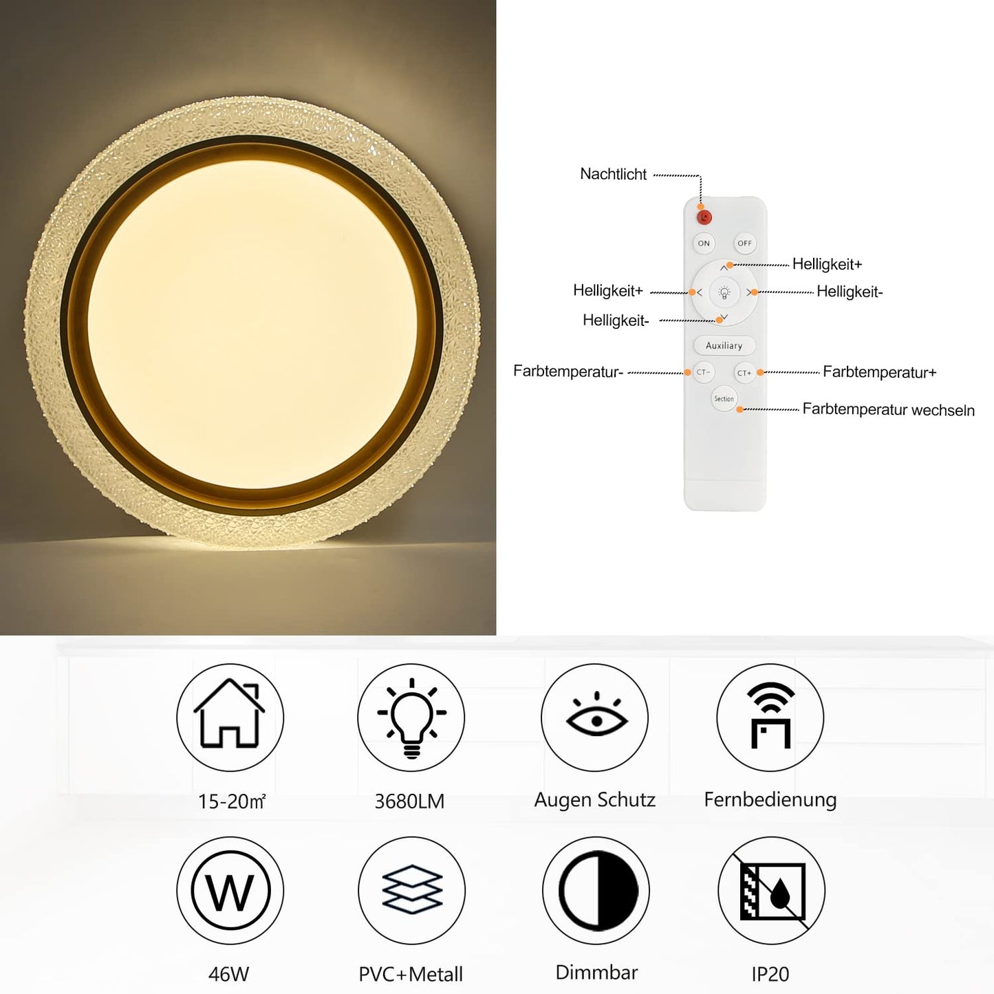 ZMH Deckenlampe Led Deckenleuchte Dimmbar Wohnzimmer - 46W Wohnzimmerlampe Modern Schlafzimmerlampe Kristall mit Fernbedienung K¨¹chenlampe 40CM Deckenbeleuchtung f¨¹r Schlafzimmer K¨¹che Esszimmer
