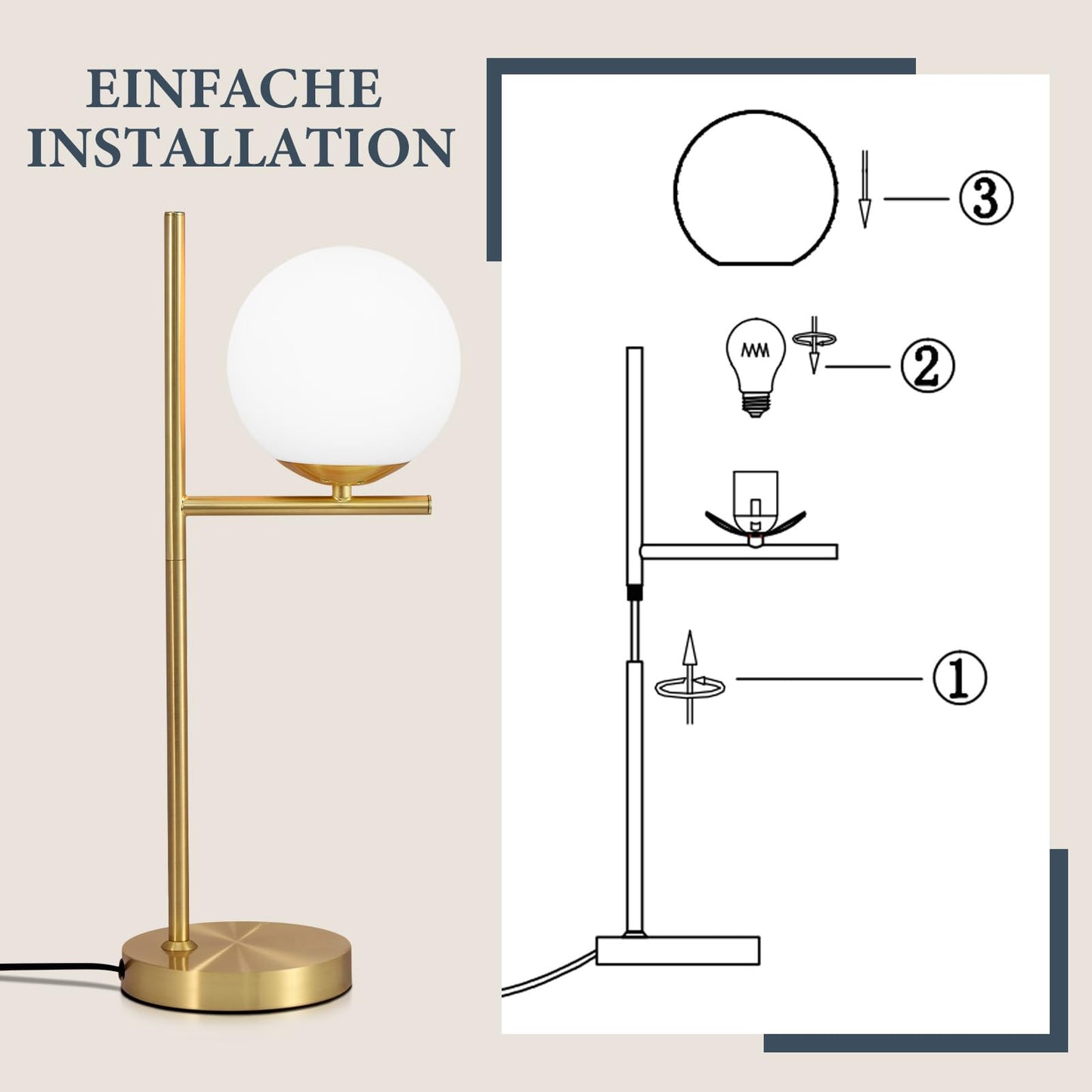 ZMH Tischlampe Wohnzimmer Modern Nachttischlampe - Tischleuchte Gold aus Wei? Glas E27 Fassung Industrial Nachttischleuchte Metall Design nachttischlampe mit Schalter f¨¹r Schlafzimmer B¨¹ro