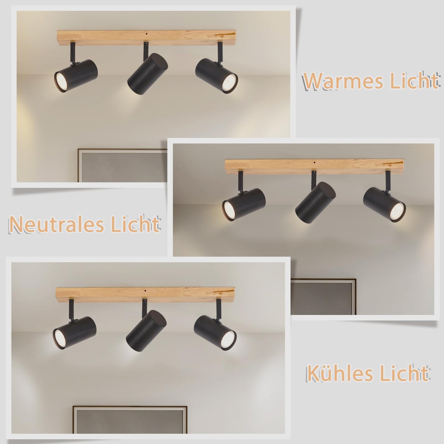Deckenstrahler Schwarz 3 Flammig Flurlampe - Holz Deckenspots GU10 Vintage Retro Metall Deckenlampe Verstellbare 350¡ã f¨¹r Flur Schlafzimmer Wohnzimmer Arbeitszimmer Keine Leuchtmittel