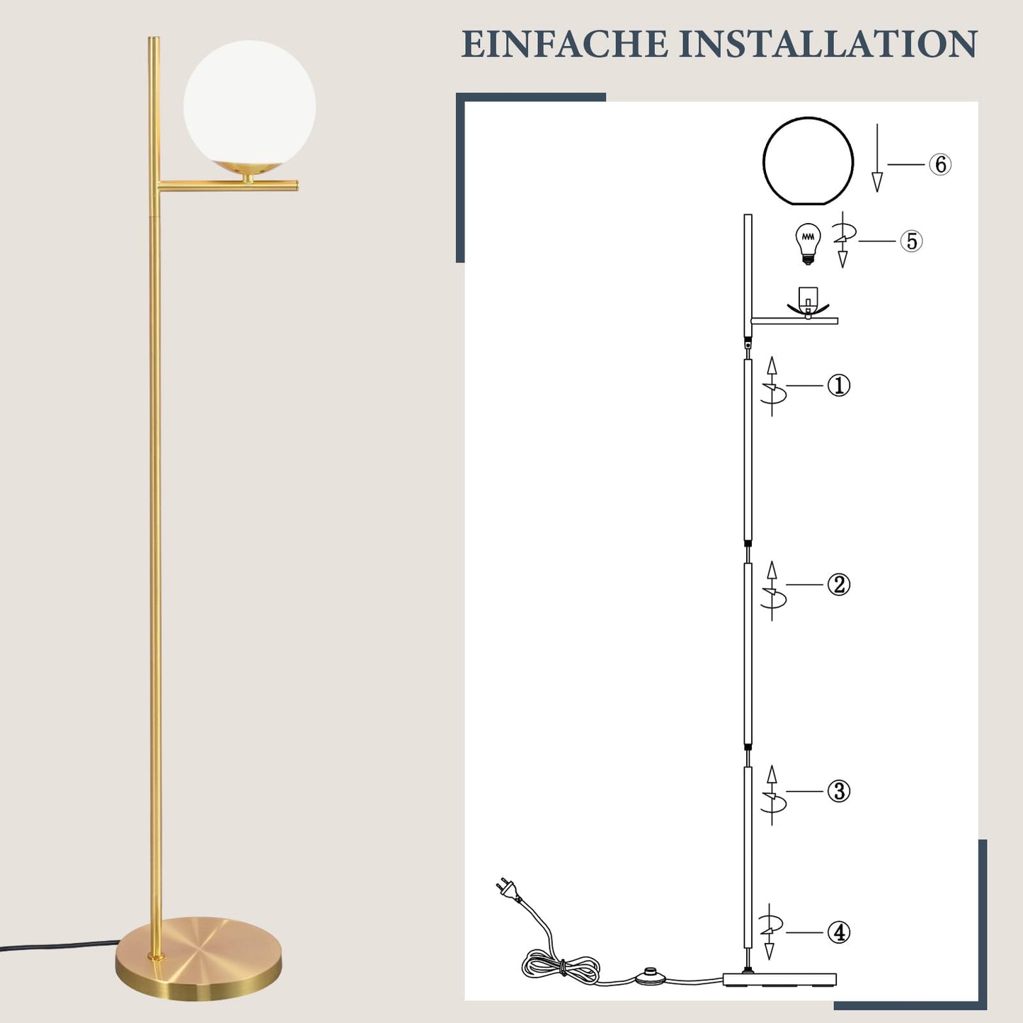 ZMH Stehlampe Wohnzimmer Modern Standleuchte - Gold Industrial Stehleuchte mit Fu?schalter Metall Design aus Wei? Glas Standlampe E27 Vintage Bodenlampe Kabel 2M f¨¹r Schlafzimmer B¨¹ro kinderzimmer