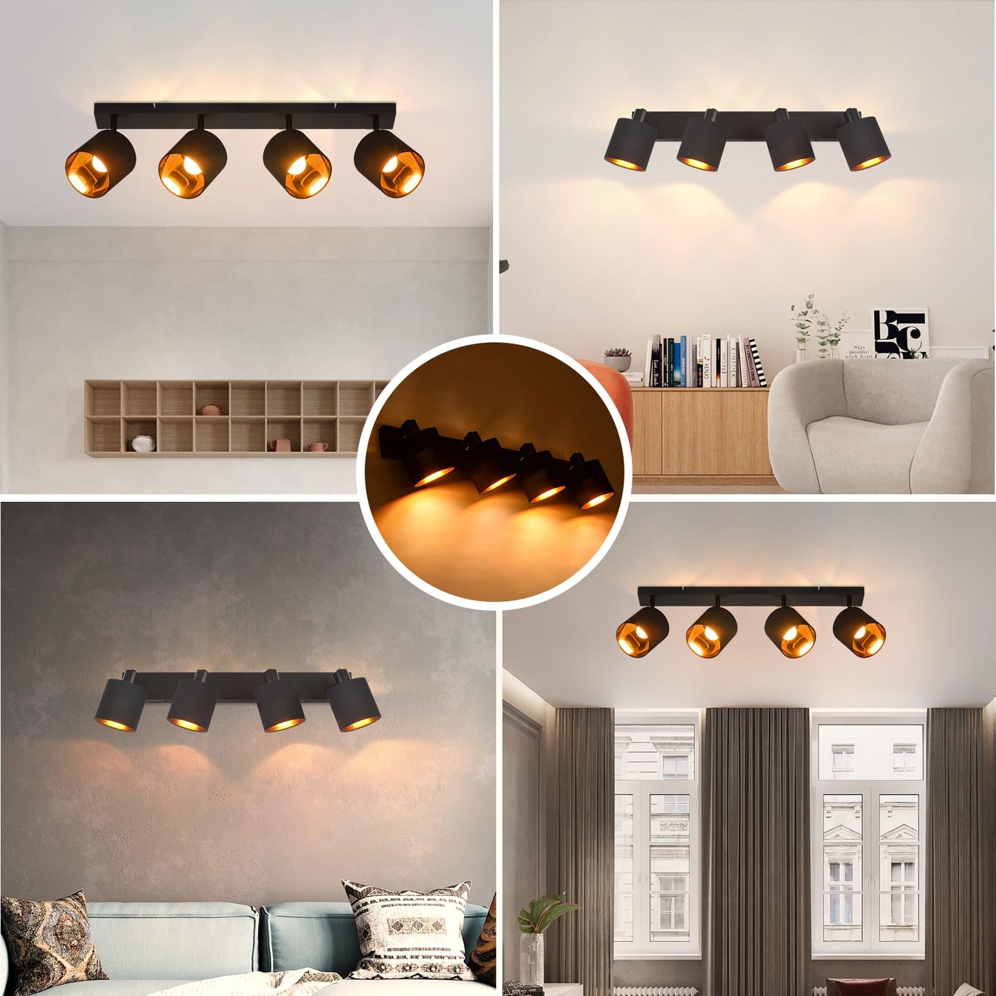 ZMH Deckenlampe 4 Flammig Deckenstrahler Schwarz - Deckenleuchte Wohnzimmer Vintage Wohnzimmerlampe E14 Schwenkbar 350¡ã MAX.25W Stoffschrim f¨¹r Schlafzimmer Flur(ohne Leuchtmittel)
