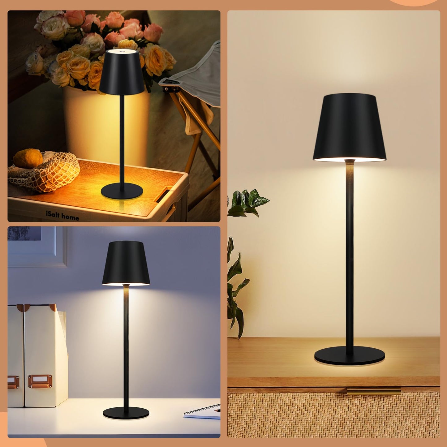ZMH Tischlampe Akku Nachttischlampe Kabellos - Led 2600mhA Aussentischleuchte Aufladbar Tischleuchte Touch Dimmbar Schwarz Akkulampe batterie Nachttischleuchte USB Akkuleuchte f¨¹r Schlafzimmer