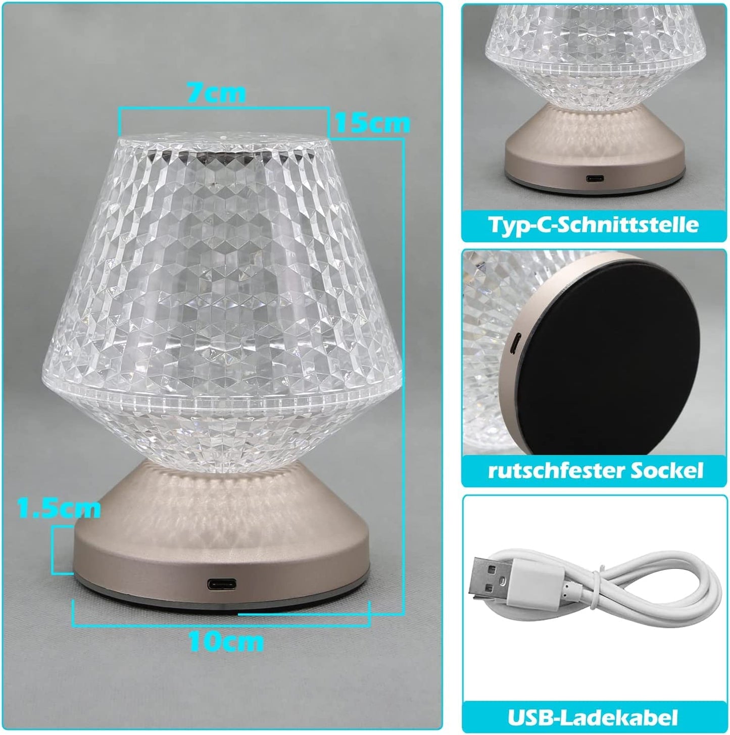 ZMH Tischlampe Kabellos LED Nachttischlampe touch - Kristall Lampe akku Tischleuchte dimmbar 16 Farben Nachttischleuchte batteriebetrieben mit Fernbedienung f¨¹r Wohnzimmer Valentinstag Deko 1 St¨¹ck
