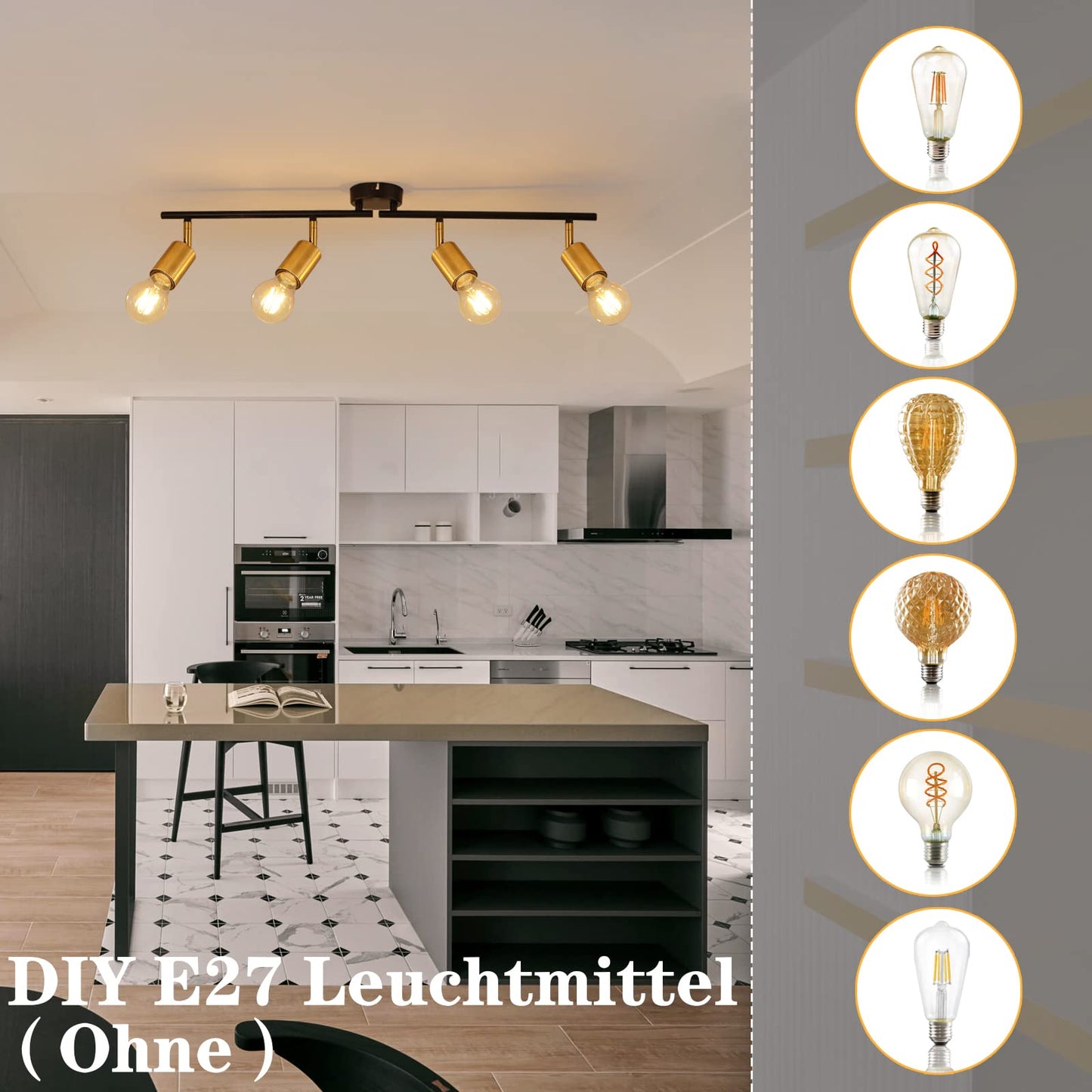 ZMH Deckenleuchte Vintage 4 Flammig Deckenstrahler I E27 Deckenlampe Retro Schwarz-Gold Wohnzimmerlampe Drehbar Modern Deckenspots Industrial f¨¹r Wohnzimmer Schlafzimmer K¨¹che G?nge Esszimmer