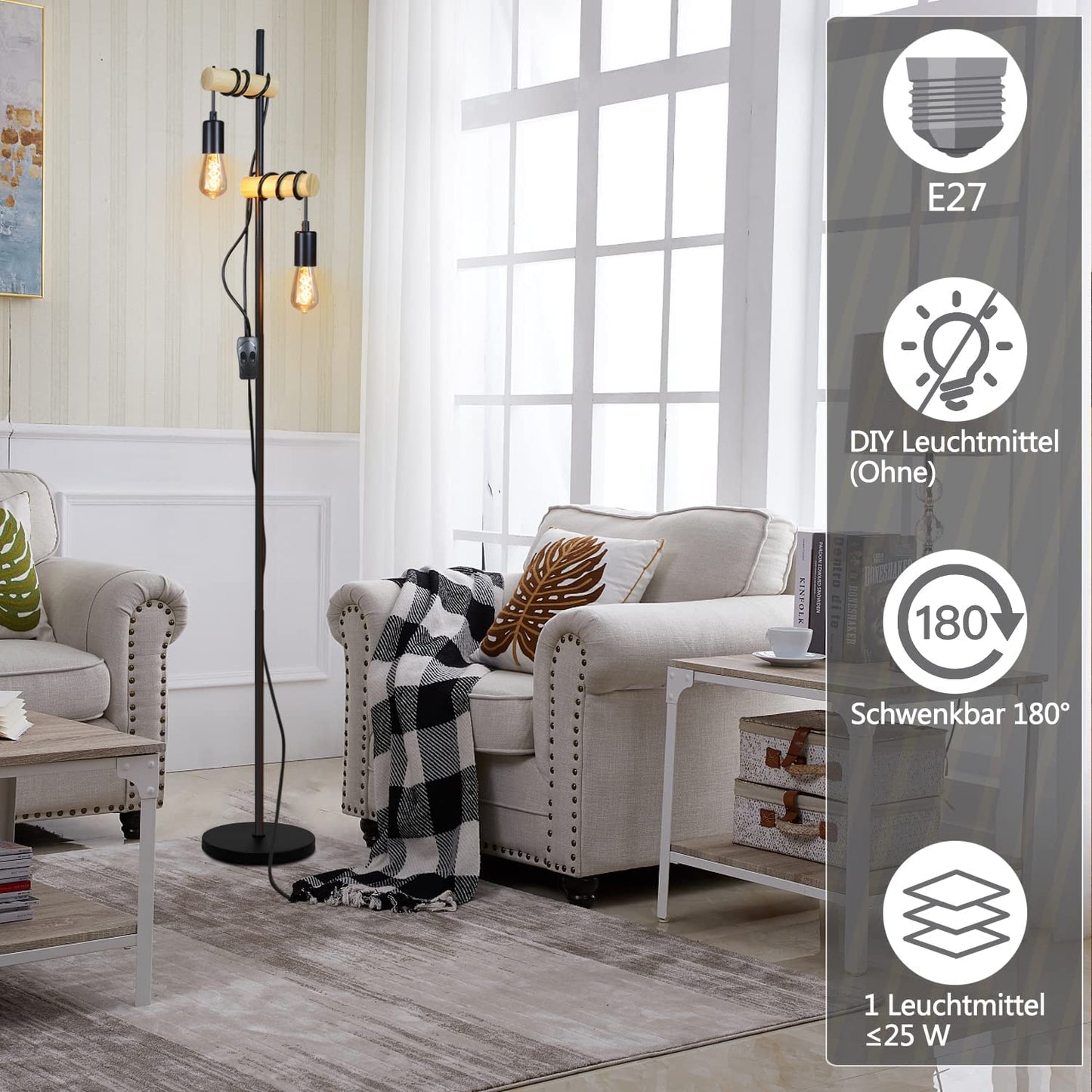 ZMH Stehlampe Wohnzimmer Vintage Stehleuchte Holz - Schwarz Industrial Standleuchte mit E27 2 Flammige Schwenkbar 180¡ã Standlampe mit Schalter f¨¹r Schlafzimmer B¨¹ro Arbeitzimmer - Ohne Leuchtmittel