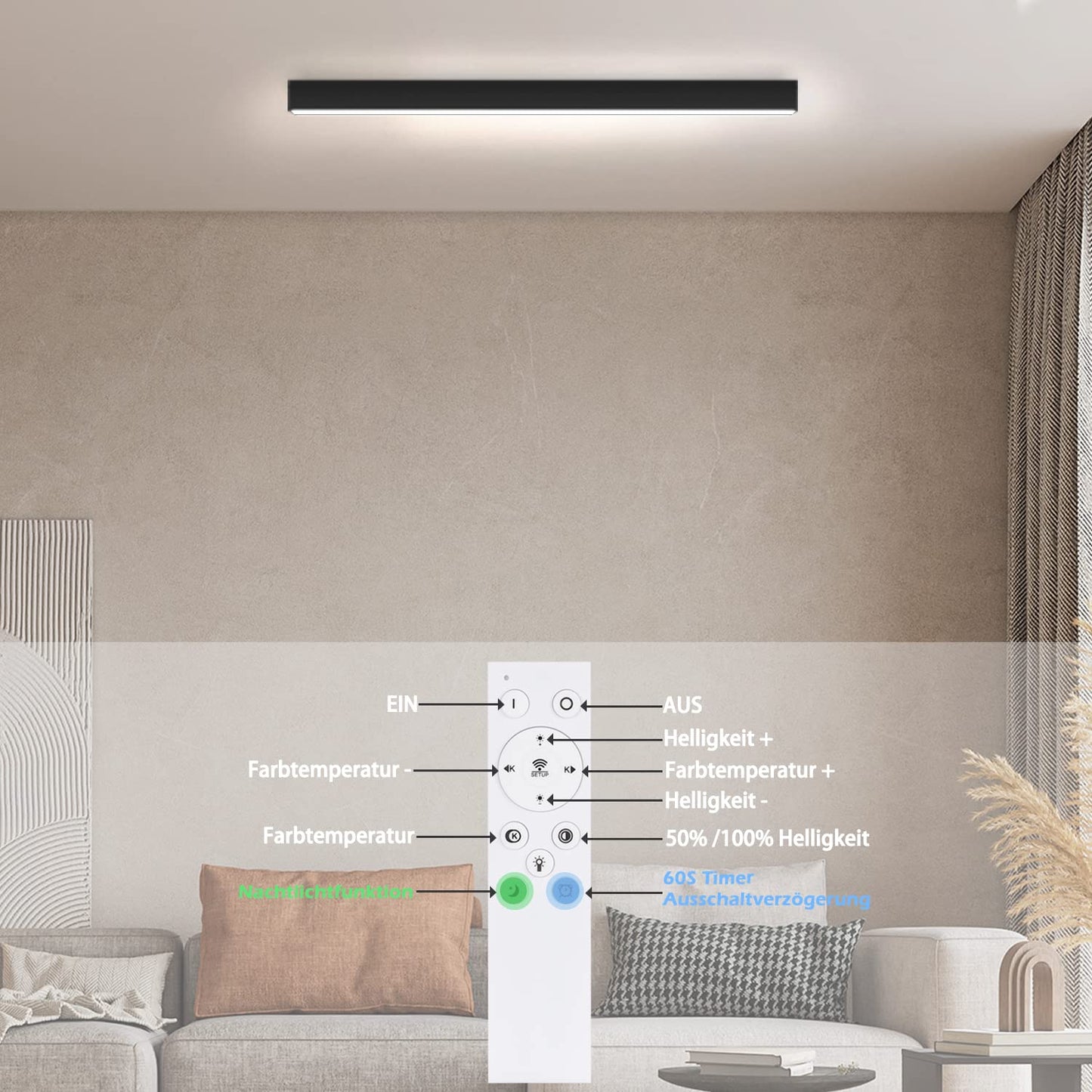 ZMH Deckenlampe LED Deckenleuchte Dimmbar - 25W Wohnzimmer Schwarz Modern B¨¹ro Deckenbeleuchtung 80CM Lang Wohnzimmerlampe Panel mit Fernbedienung B¨¹rolampe Decke f¨¹r K¨¹che Flur Schlafzimmer