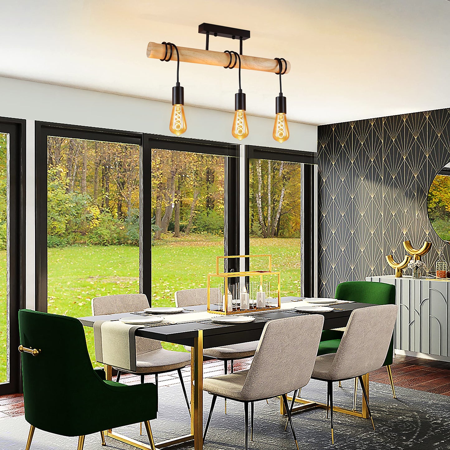 ZMH Vintage Deckenleuchte Retro Deckenlampe Holz - E27 Wohnzimmerlampe H?ngend Schwarz mit 3 Flammig im Industrial Design aus Metall f¨¹r Wohnzimmer Schlafzimmer K¨¹che Flur - Ohne Leuchtmittel