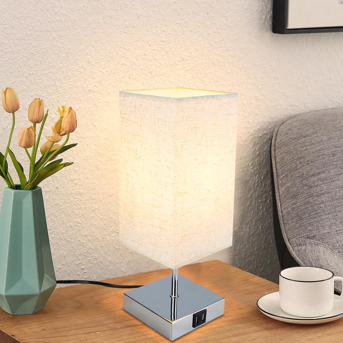 ZMH Tischlampe Schlafzimmer Nachttischlampe Dimmbar - Touch Nachtlicht Warmwei? E27 mit USB Ladefunktion Stoff Lampenschirm f¨¹r Deko, Nachttisch, Geschenk,Esszimmer, Wohnzimmer