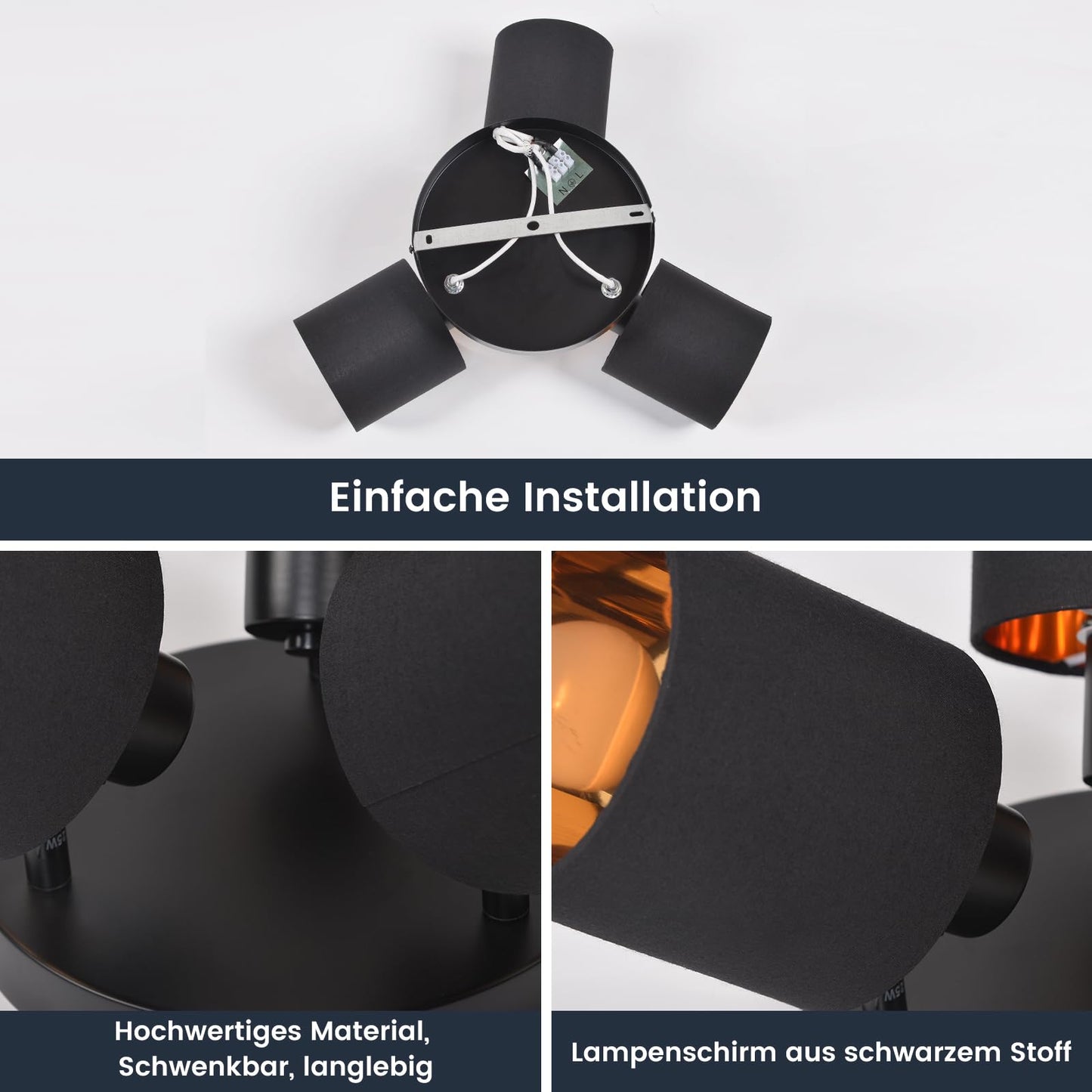 ZMH Deckenleuchte 3 Flammig Deckenstrahler Schwarz - Deckenlampe Vintage Deckenspot E14 Schwenkbar 350¡ã MAX.25W Stoffschrim Modern f¨¹r Wohnzimmer Schlafzimmer K¨¹che Flur (ohne Leuchtmittel)