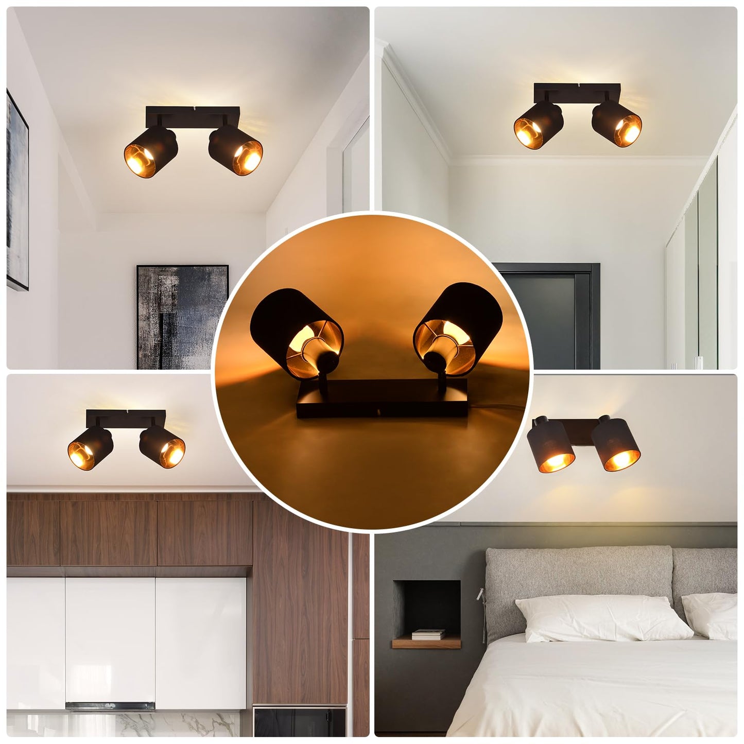 ZMH Deckenlampe 2 Flammig Deckenstrahler Schwarz - Deckenleuchte Vintage Deckenspot E14 Flurlampe Schwenkbar 350¡ã MAX.25W Stoffschrim f¨¹r Wohnzimmer Schlafzimmer K¨¹che Ohne Leuchtmittel