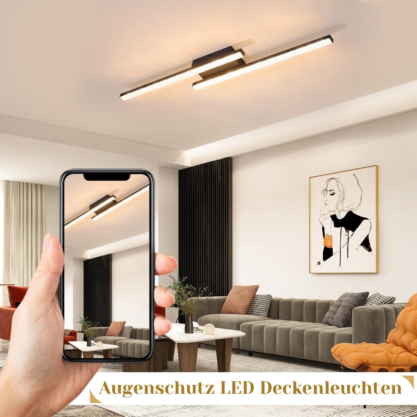 ZMH LED Deckenleuchte Deckenlampe Schwarz Wohnzimmer - Flurlampe Warmwei? Schlafzimmerlampe 18W 61.5cm Wohnzimmerlampe 3000K Kristall Modern Decke Lampe Deckenbeleuchtung f¨¹r Flur K¨¹che
