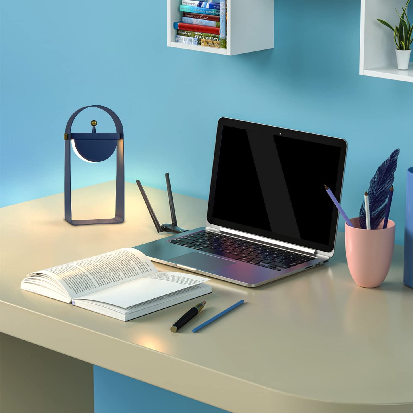 ZMH ZMH Tischlampe LED Nachttischlampe Kabellos - Tragbar Nachtlicht Helligkeit Einstellbar Stimmungslicht Batterietrieben Modern Blau Design Atmosph?re Lampe 26CM f¨¹r Schlafzimmer Caf¨¦ Camping Wohnzimmer