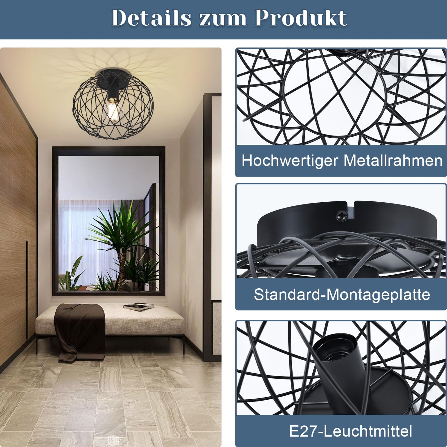 ZMH Deckenleuchte Schwarz Flurlampe Metall - Deckenlampe E27 Retro Runde Vintage Lampenschirm Industrial f¨¹r Gang Korride Wohnzimmer Schlafzimmer K¨¹che (Ohne Leuchtmittel Max.40W) 30CM